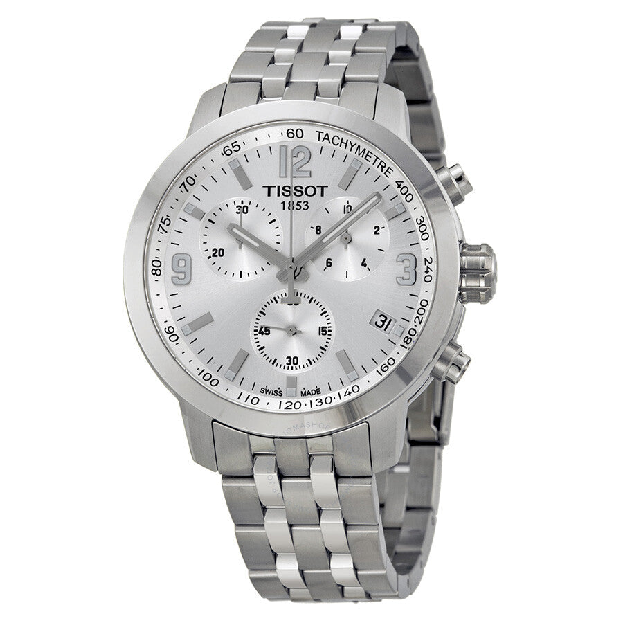 Tissot PRC 200 chronograph watch with silver dial and steel bracelet