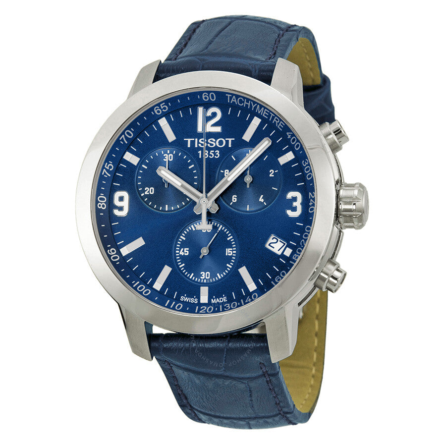 Tissot PRC 200 Chronograph watch with blue dial, stainless steel case, and navy leather strap
