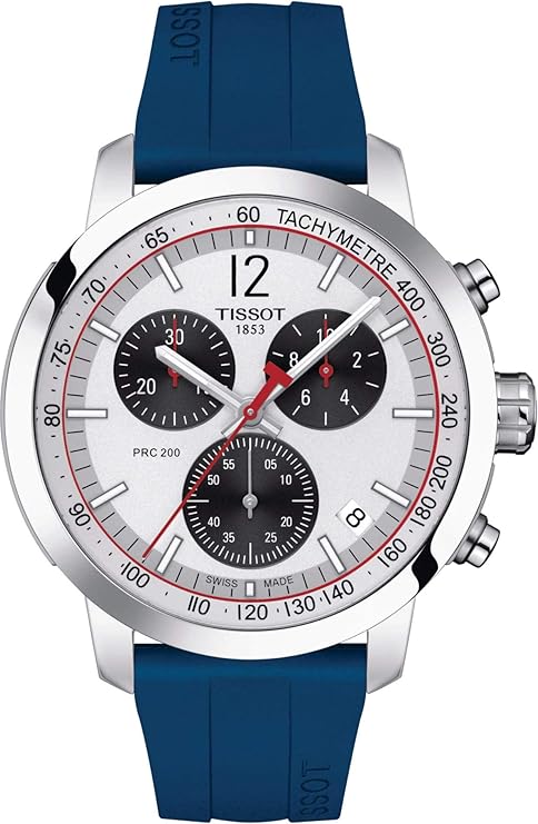 Tissot PRC 200 IIHF chronograph with silver dial, black subdials, blue rubber strap
