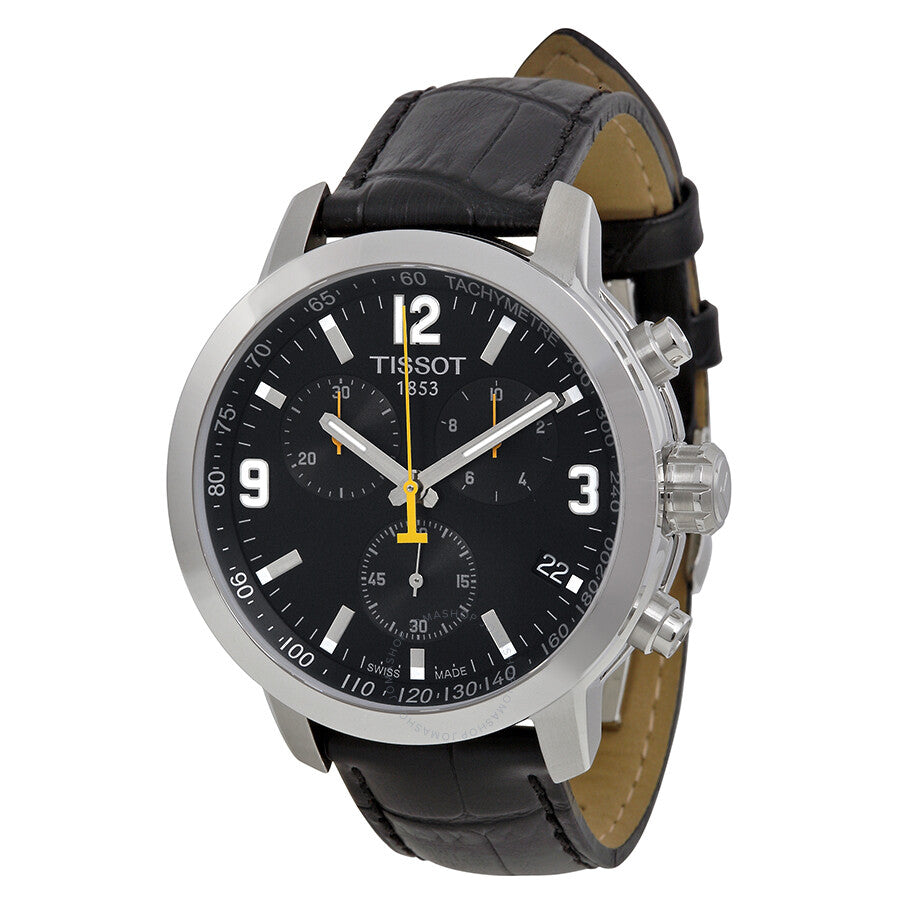 Tissot PRC 200 chronograph men's watch with black dial, stainless steel case, and black leather strap