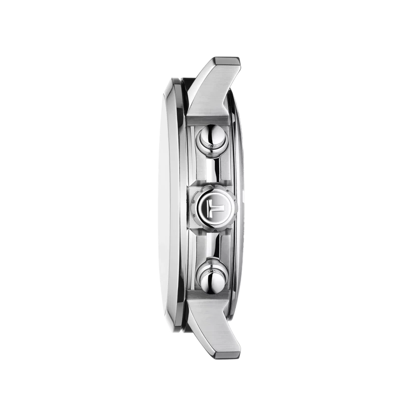 Tissot PRC 200 side profile showing stainless steel case thickness and chronograph pushers