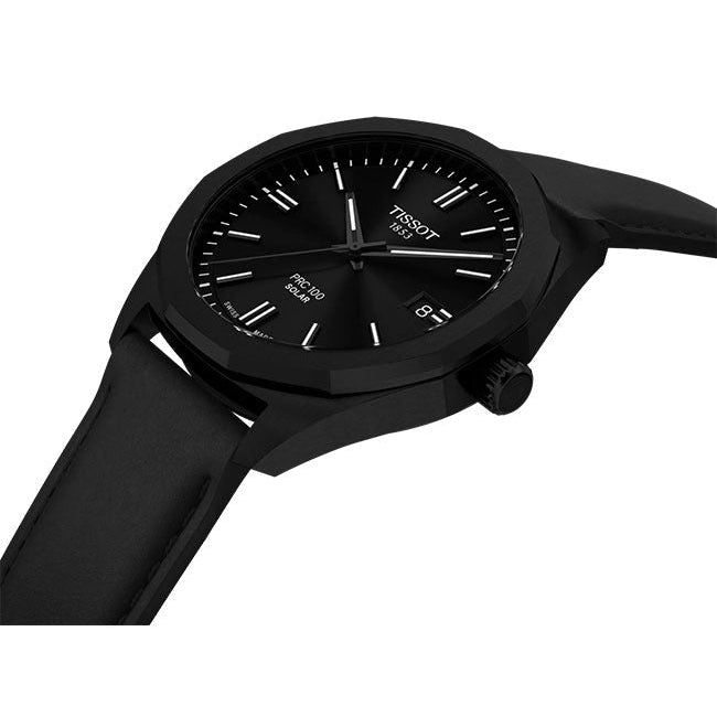 Tissot PRC100 Solar watch with black leather strap, three-quarter angle view
