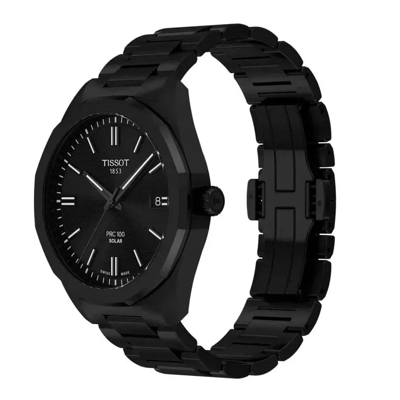 Tissot PRC100 Solar black watch with stainless steel bracelet, three-quarter angle view