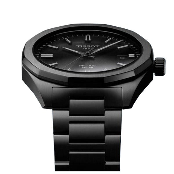 Tissot PRC100 Solar black dial detail with applied indices and date window