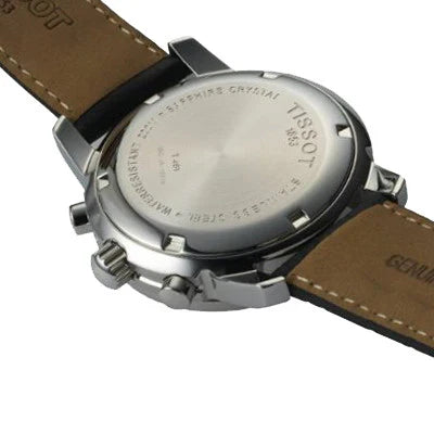 Caseback of Tissot PRC200 watch showing engraved text and specifications