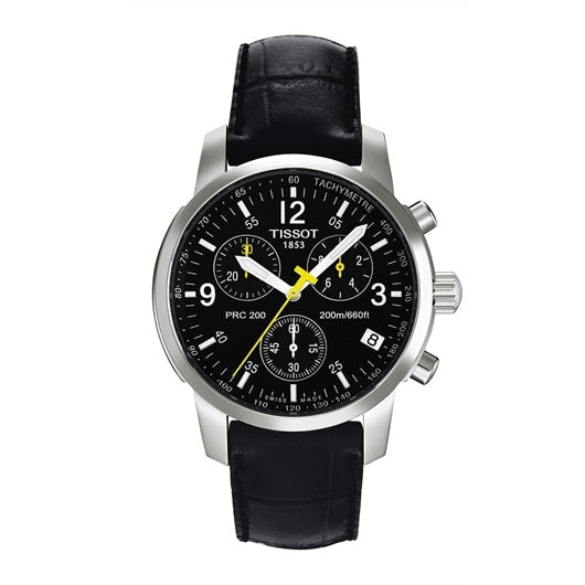 Tissot PRC200 chronograph watch with black dial, yellow hands, steel case, and black leather strap