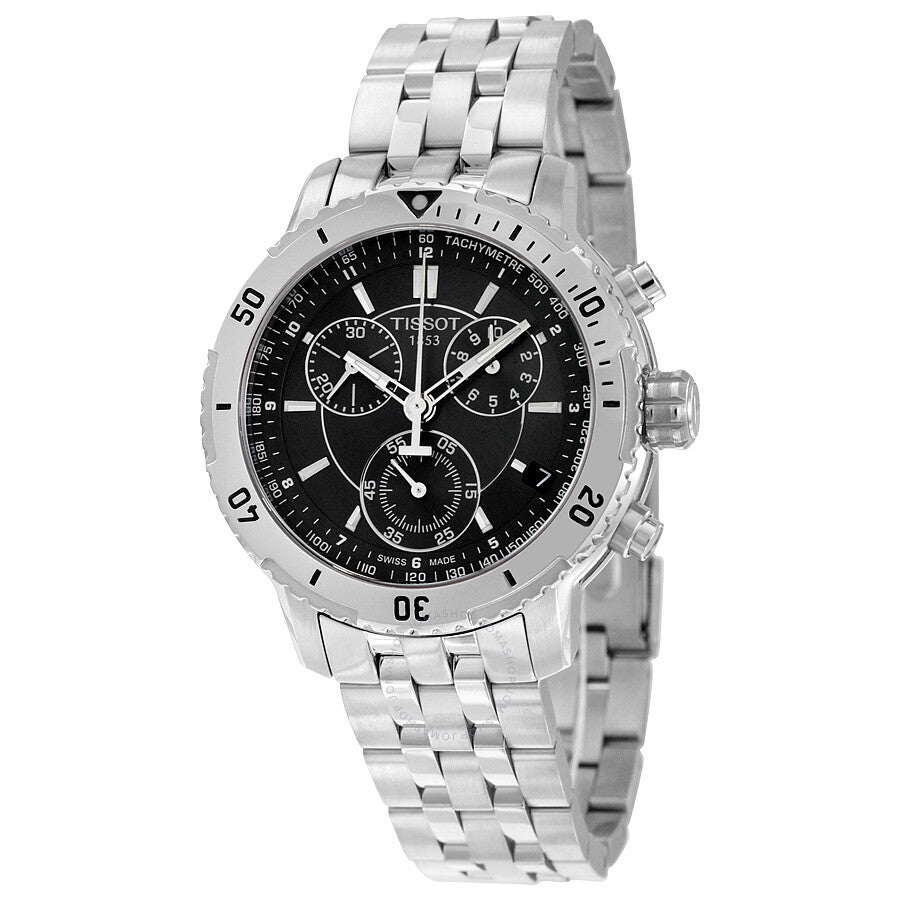 Tissot PRS 200 chronograph men's watch with black dial and stainless steel bracelet
