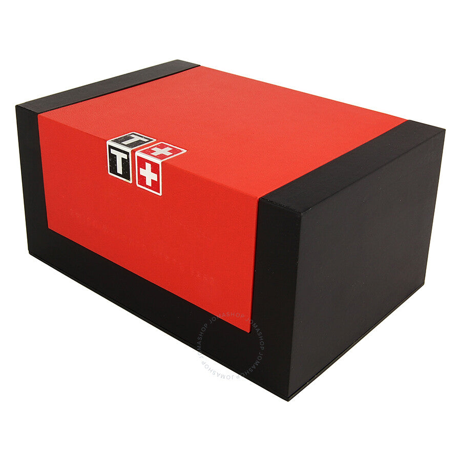 Tissot watch box with red lid and black sides, featuring Tissot logo