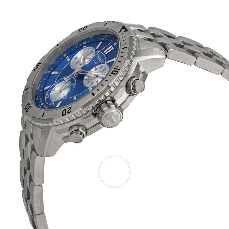 Side angle view of Tissot PRS 200 chronograph watch showing profile and bracelet