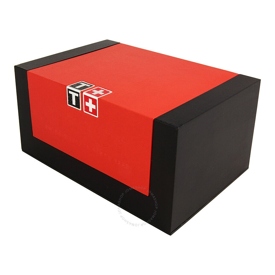 Tissot watch box in red with black sides and Swiss flag logo