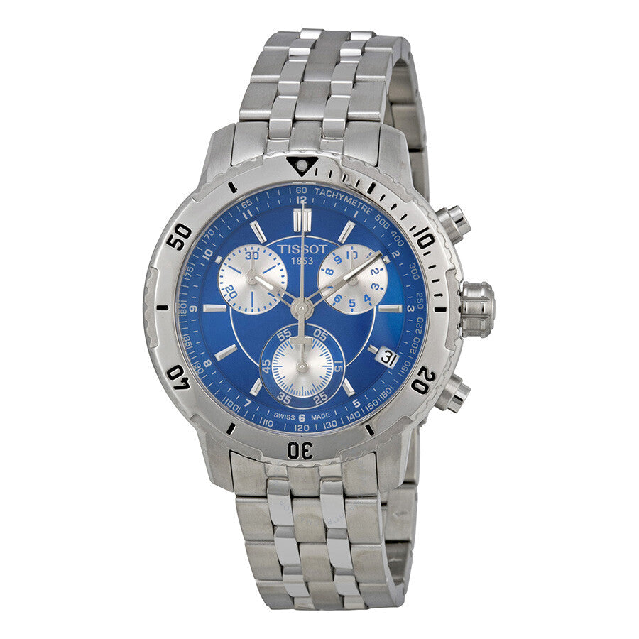 Tissot PRS 200 chronograph watch with blue dial, silver subdials, stainless steel case and bracelet