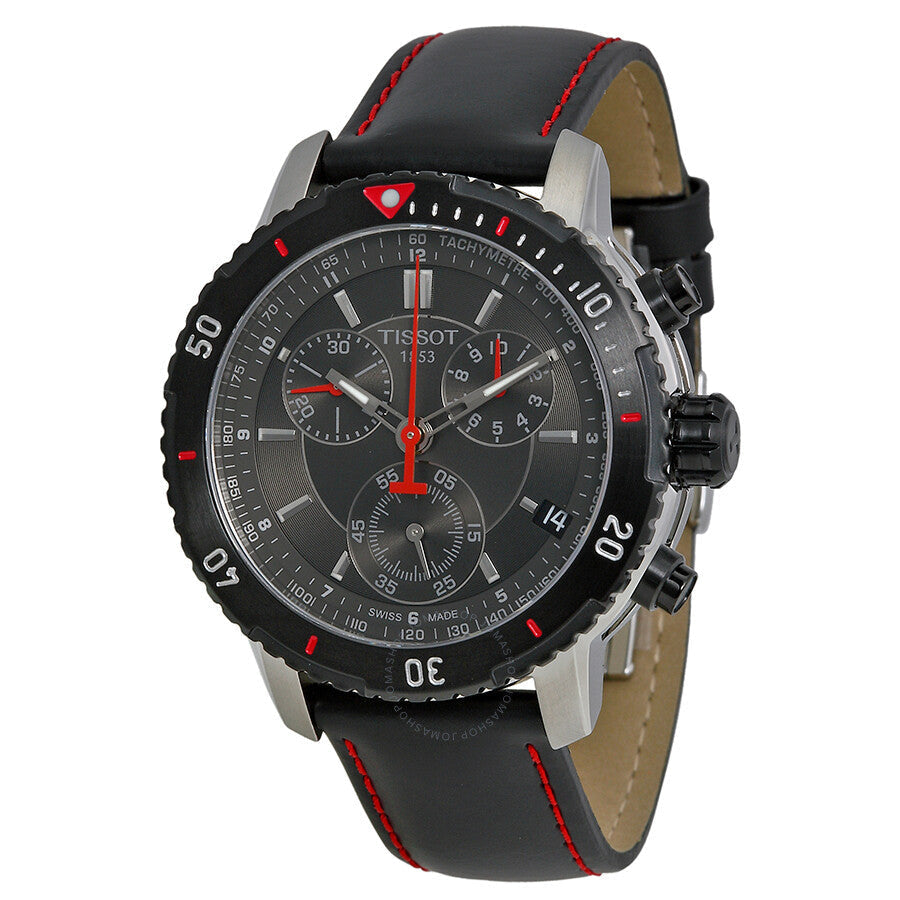 Tissot PRS 200 chronograph watch with black dial, red subdials, steel case, and black leather strap