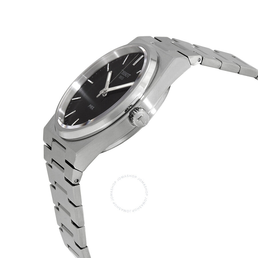 Tissot PRX 40mm quartz watch side view showing case profile and stainless steel bracelet