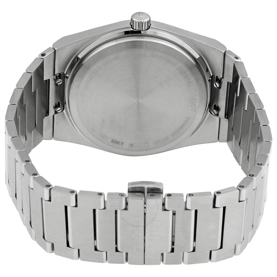Tissot PRX 40mm watch caseback showing stainless steel back and bracelet detail
