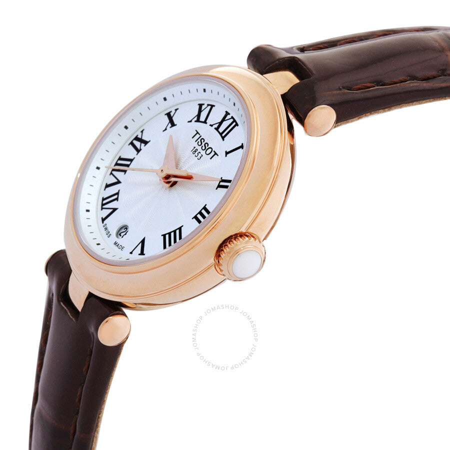 Angled view of Tissot ladies watch showing white dial with Roman numerals and rose gold case