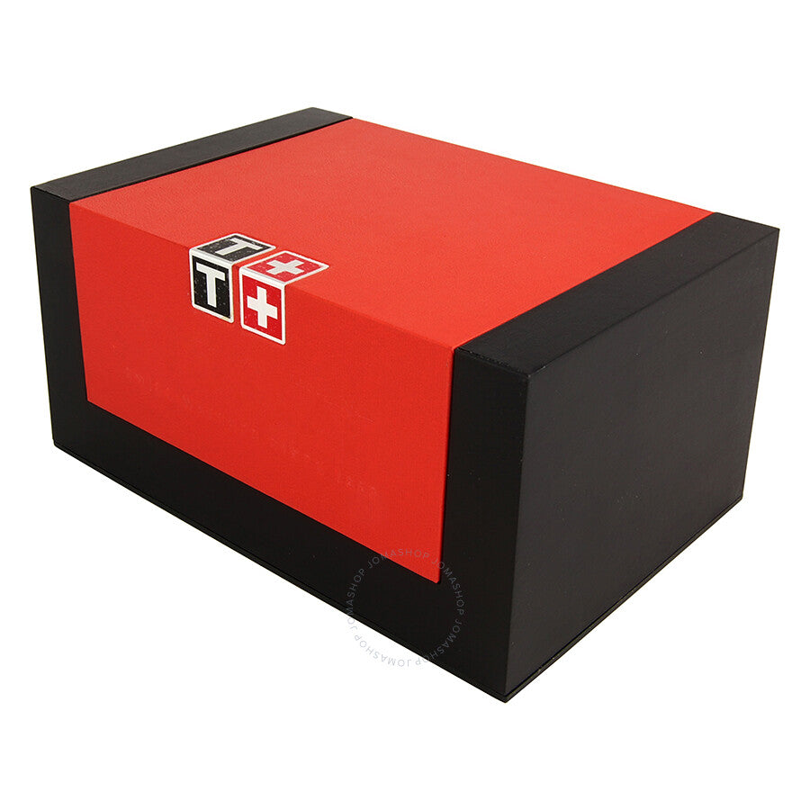 Tissot watch box with red lid and black sides, featuring Tissot logo and Swiss flag