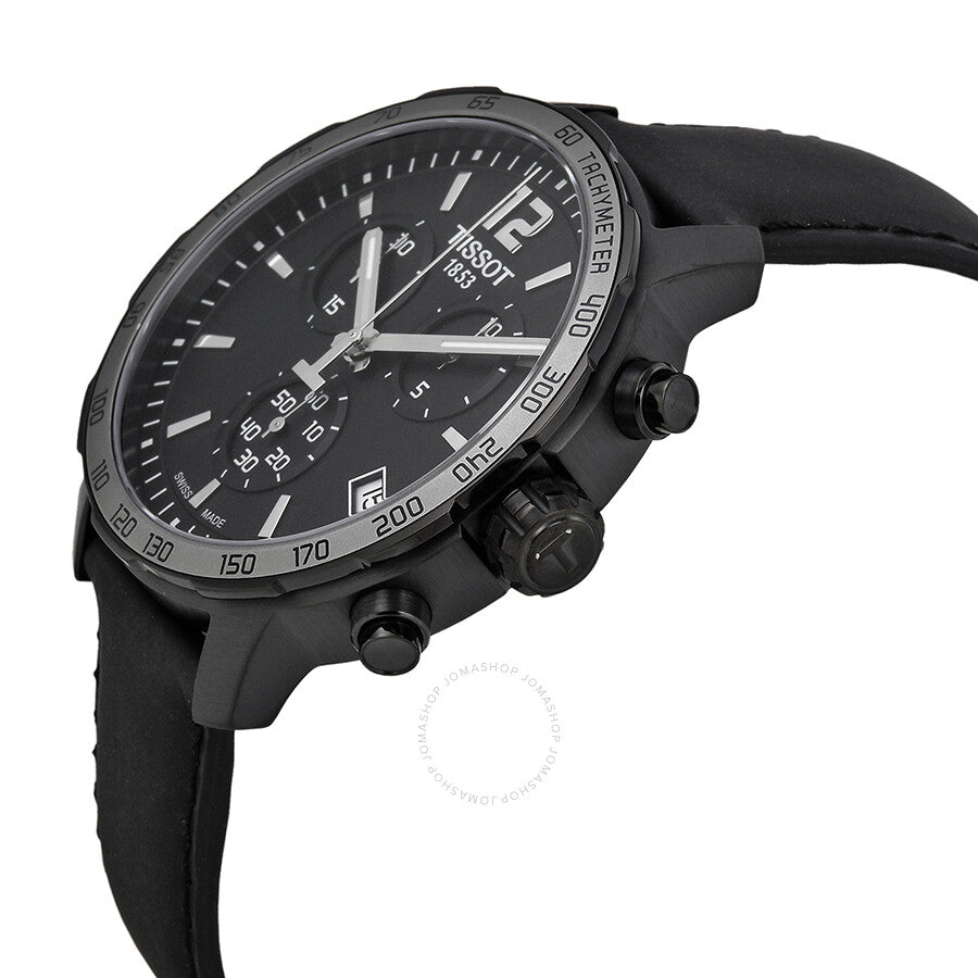 Angled side view of Tissot Quickster chronograph showing black dial and black leather strap