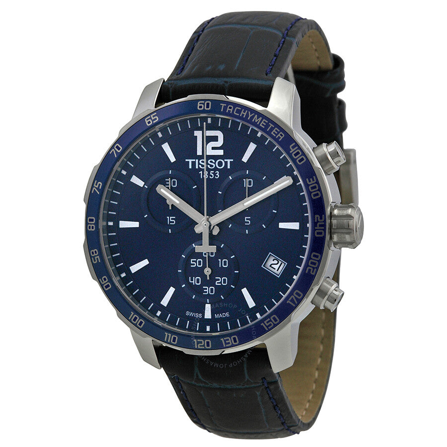 Tissot Quickster Chronograph blue dial watch with stainless steel case and black leather strap