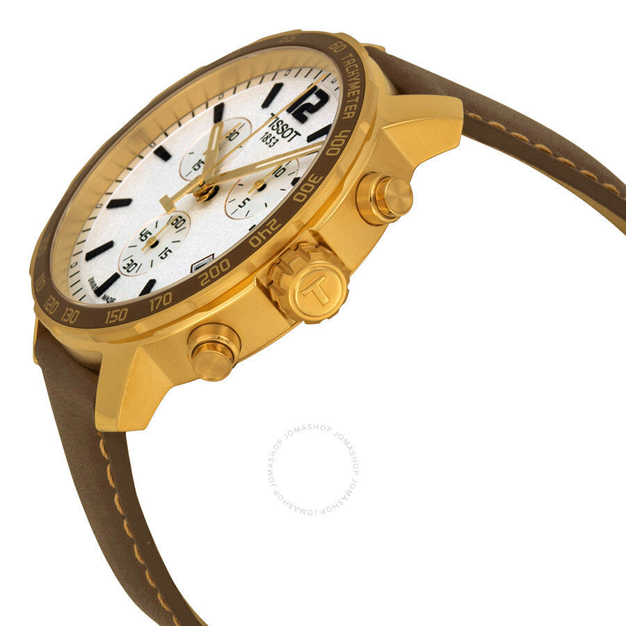 Gold Tissot Quickster Chronograph watch angled view showing case profile and brown leather strap
