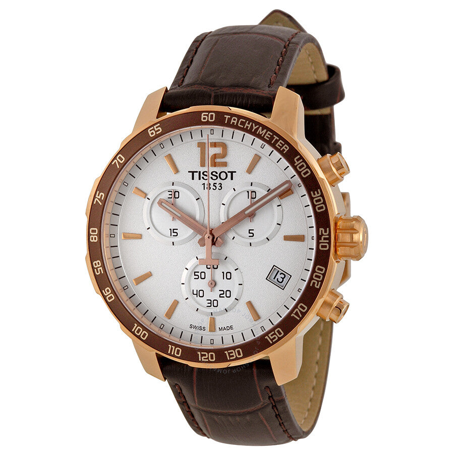 Tissot Quickster Chronograph rose gold watch with white dial and brown leather strap