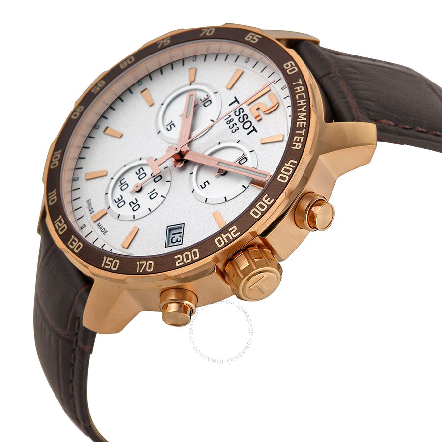 Tissot Quickster Chronograph angled view showing rose gold case and tachymeter bezel