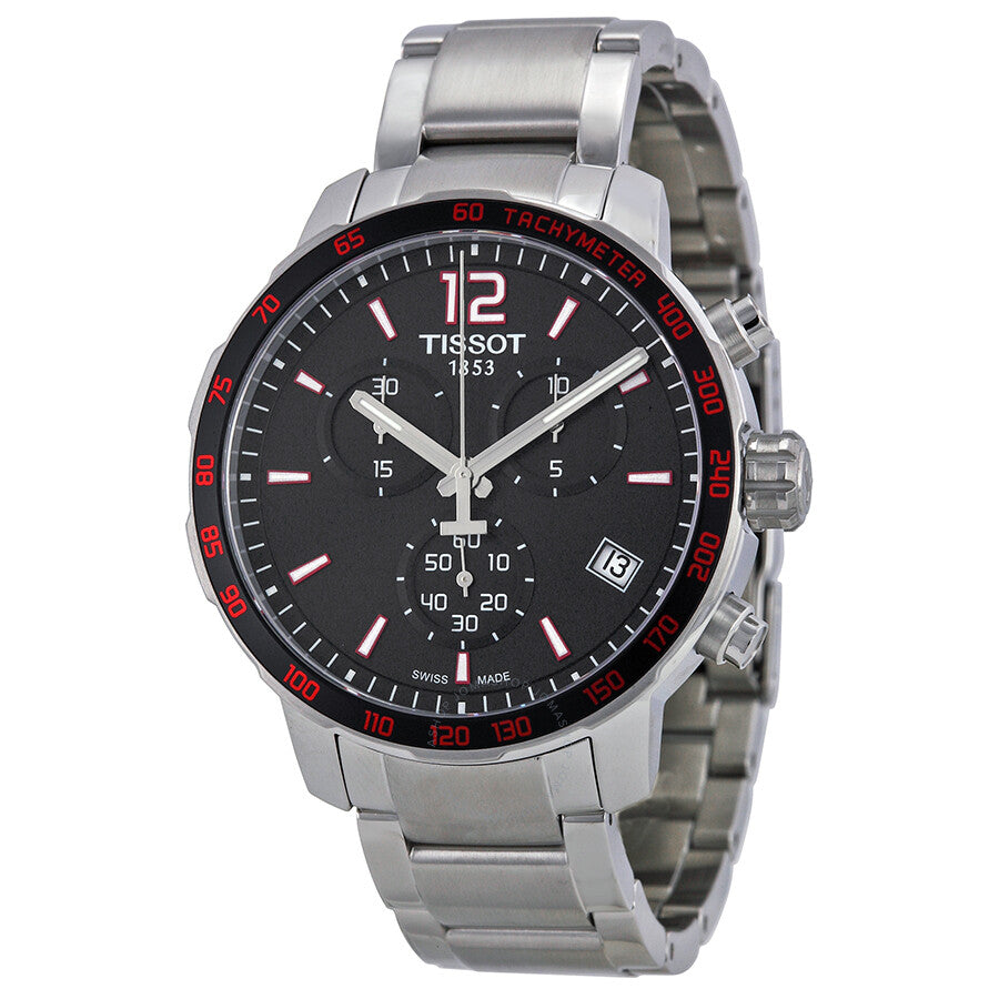 Tissot Quickster chronograph watch with black dial, white hands, red tachymeter bezel, stainless steel case and bracelet