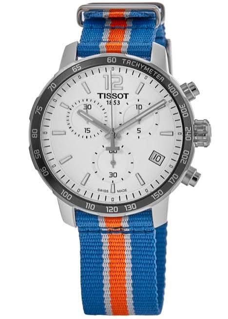 Tissot Quickster Chronograph Stainless Steel Silver Dial Blue/Orange Textile Strap Date Quartz Mens Watch - T095.417.17.037.06