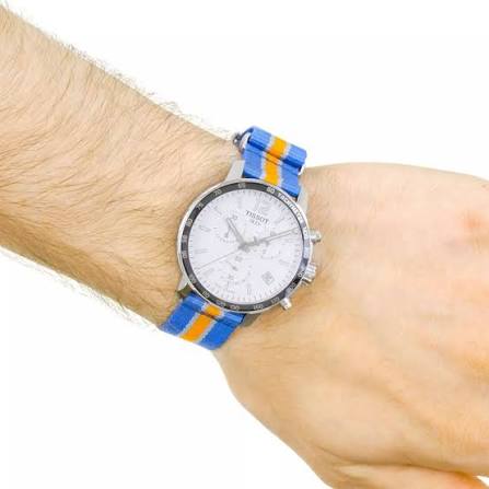 Tissot Quickster Chronograph Stainless Steel Silver Dial Blue/Orange Textile Strap Date Quartz Mens Watch - T095.417.17.037.06
