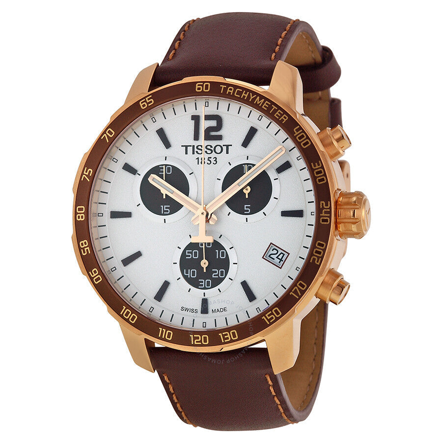 Tissot Quickster Chronograph rose gold watch with silver dial and brown leather strap