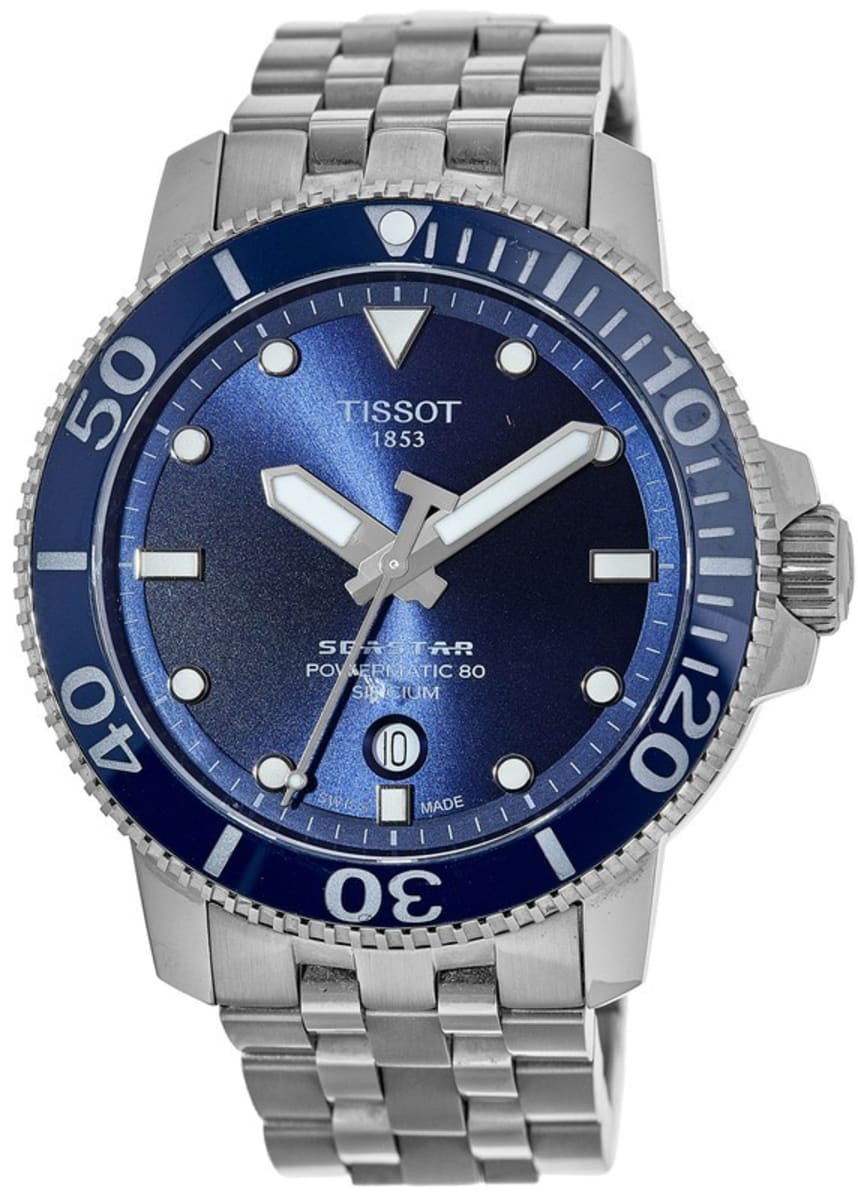Tissot Seastar 1000 three-quarter view showing blue sunburst dial and steel bracelet