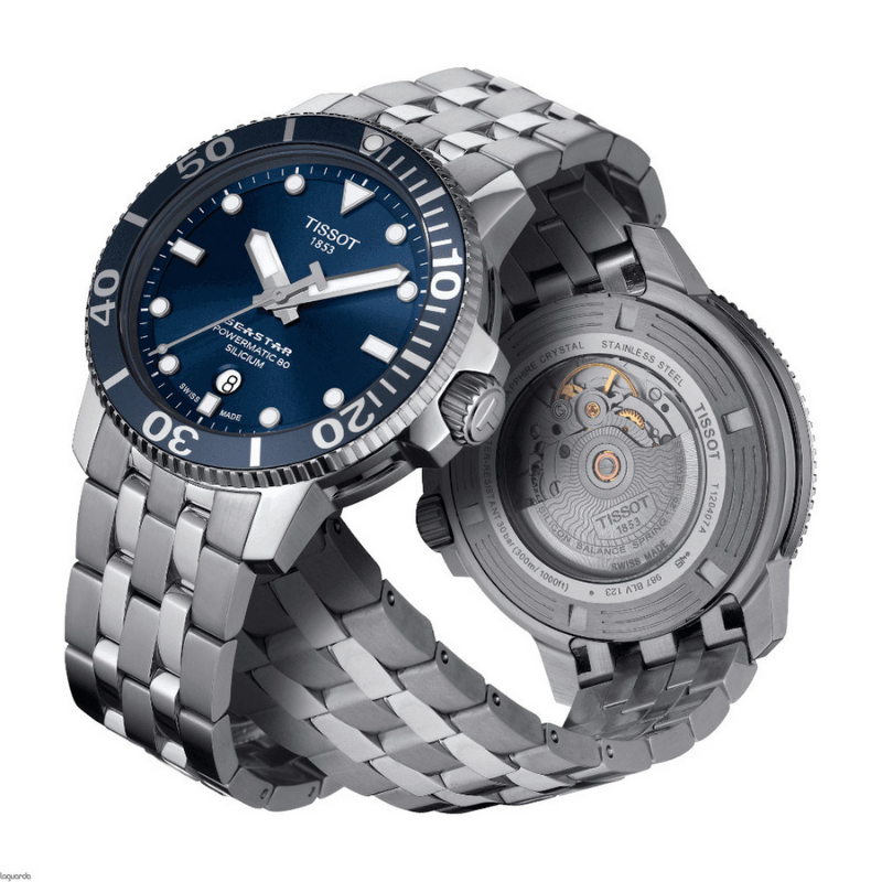 Tissot Seastar 1000 caseback showing Powermatic 80 automatic movement mechanism