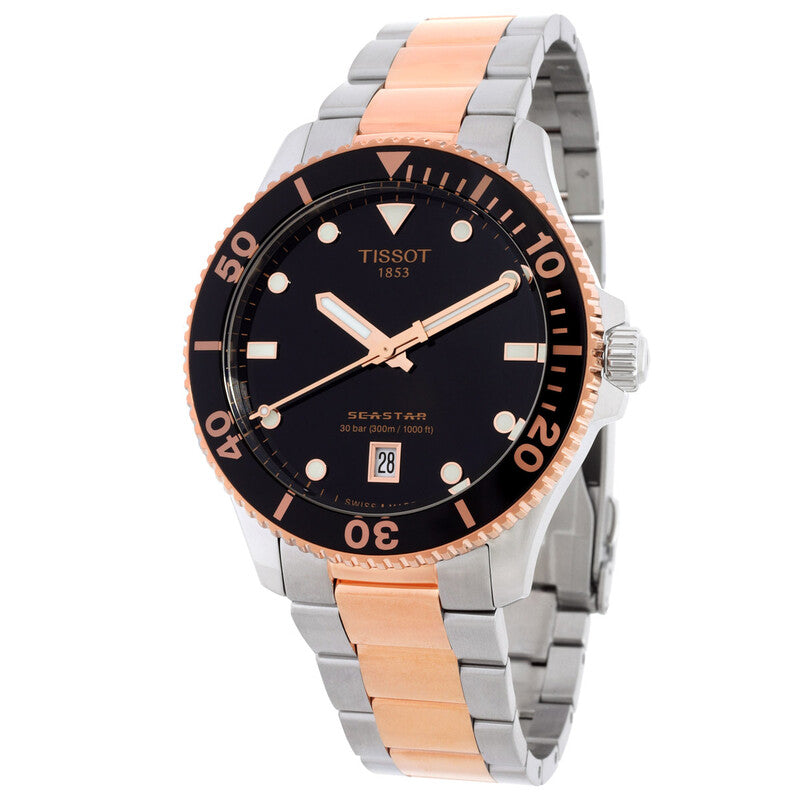 Tissot Seastar 1000 watch at angle showing black dial with date window and rose gold bezel