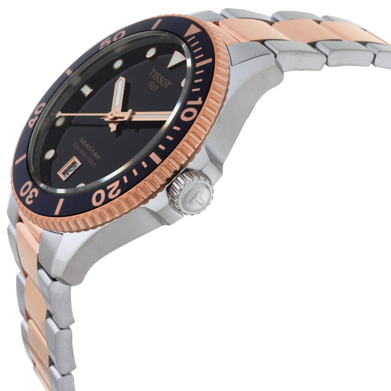 Tissot Seastar 1000 watch profile view showing crown, case profile, and two-tone bracelet