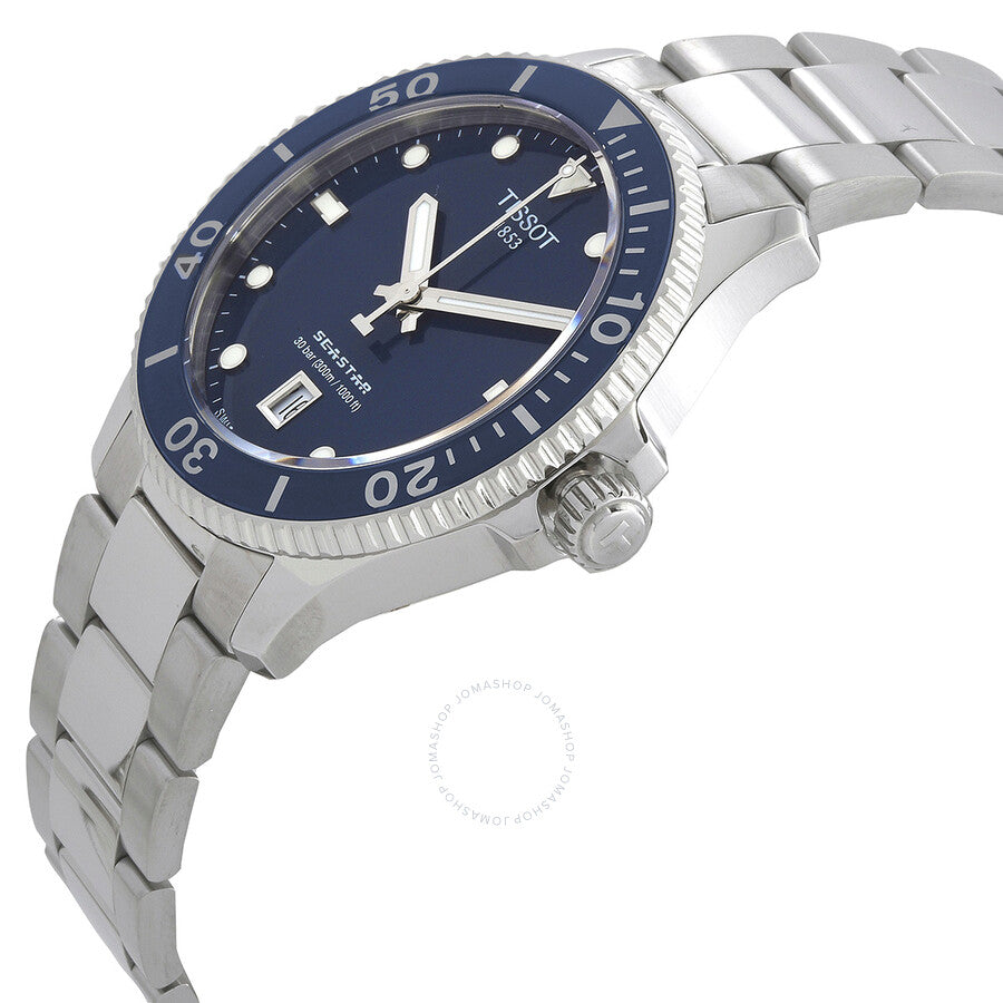 Tissot Seastar watch on-wrist angle view showing blue dial and stainless steel band