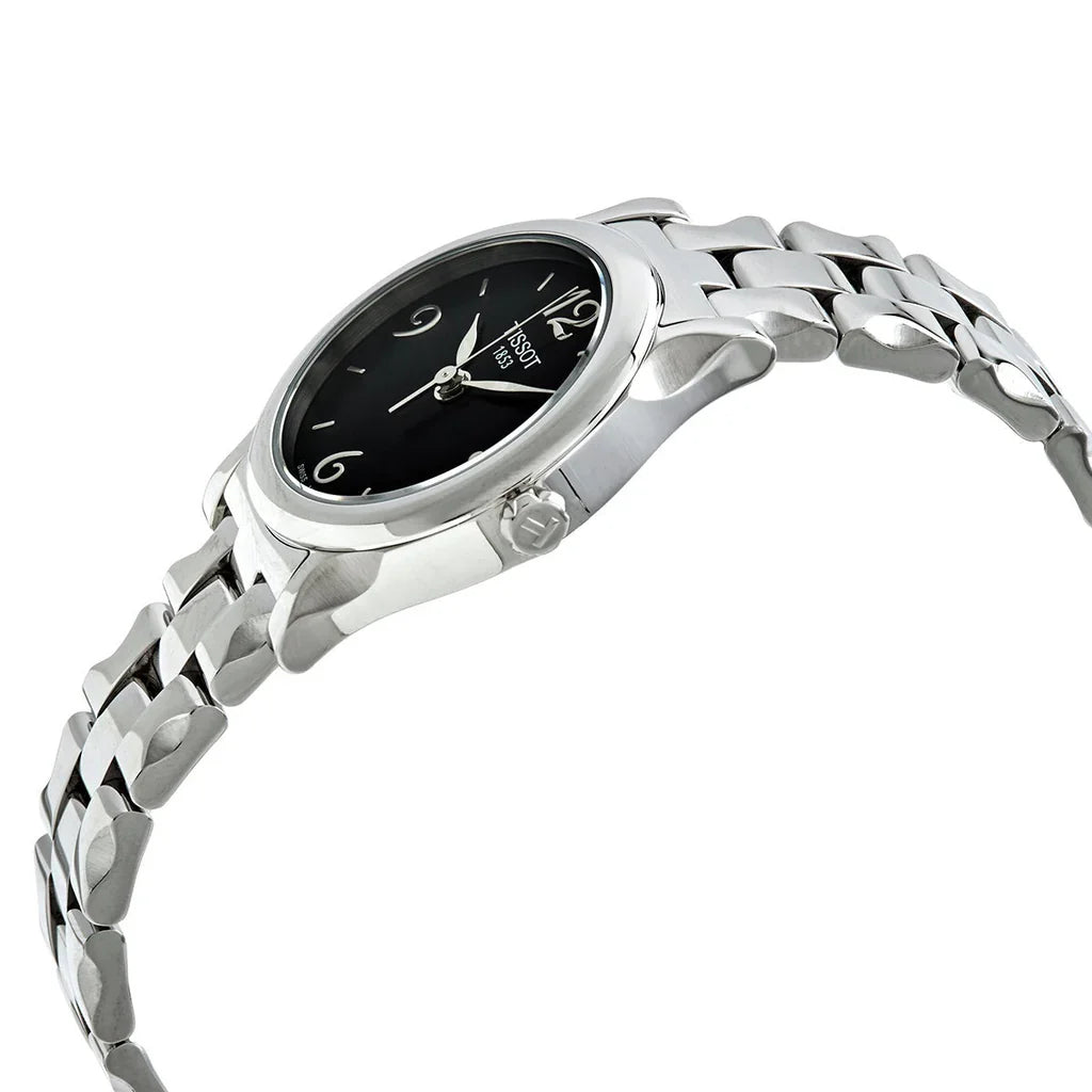 Tissot Stylis-T watch from angle showing case profile and stainless steel bracelet