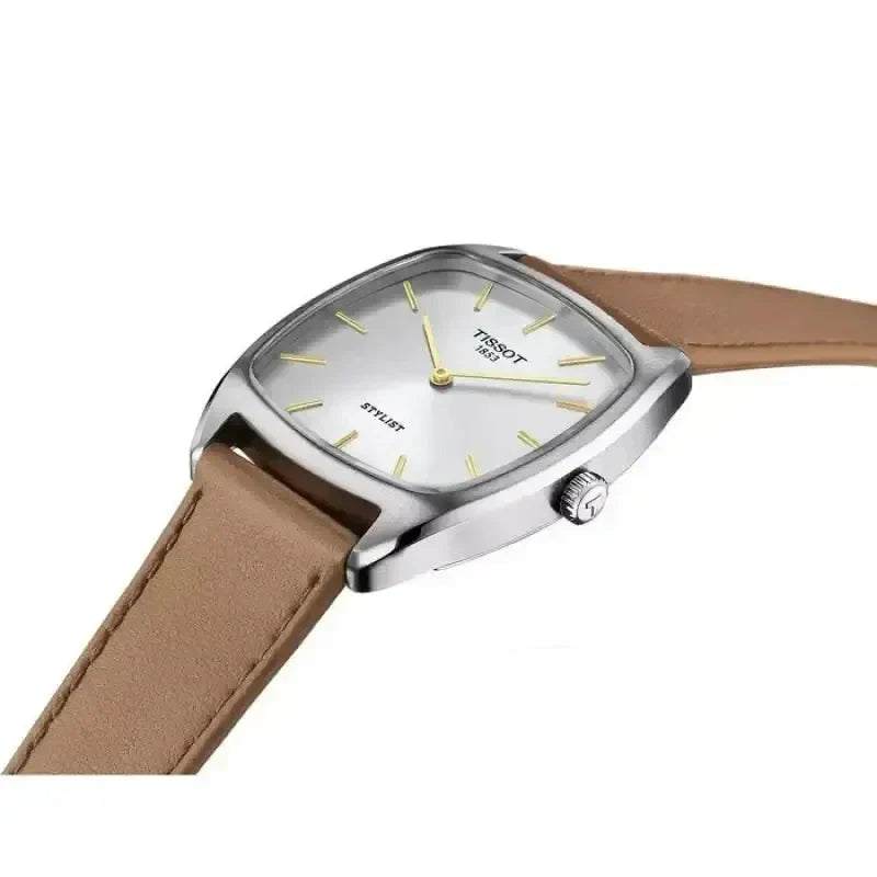 Tissot Stylist women's watch angled view showing silver dial and brown leather strap