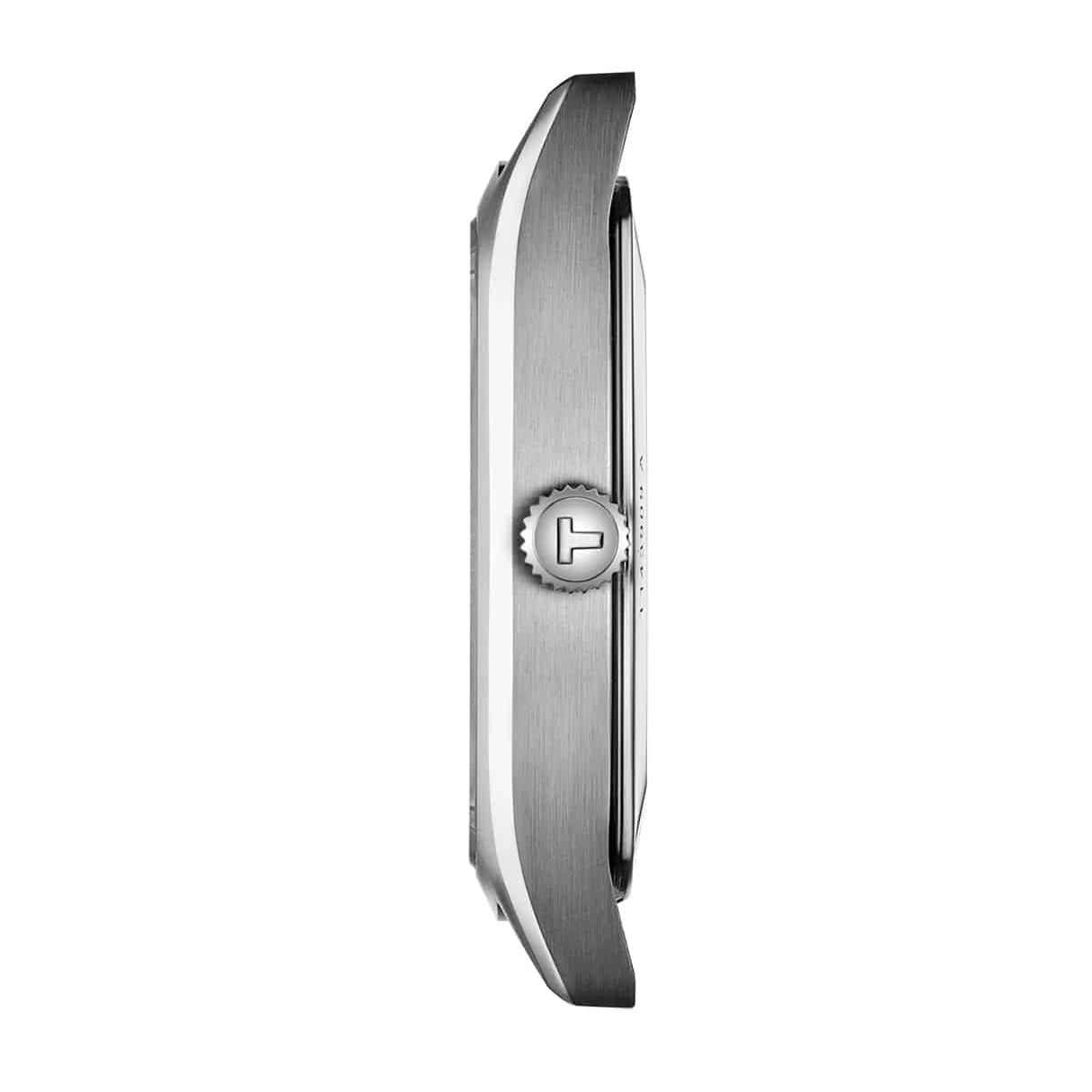 Tissot Stylist watch side profile showing stainless steel case and crown detail