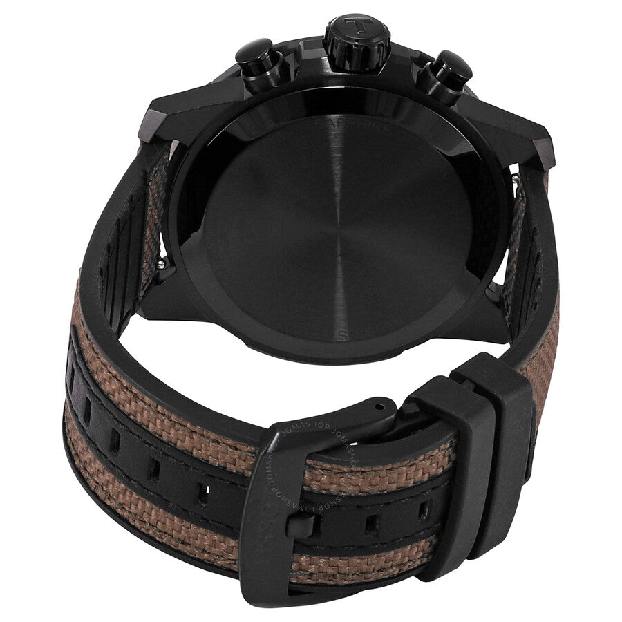 Tissot Supersport Chronograph watch caseback view showing brown textile strap and black case