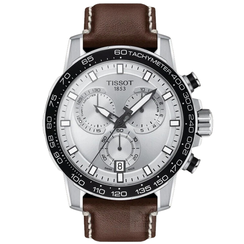 Tissot Supersport chronograph watch with silver dial, black tachymeter bezel, and brown leather strap