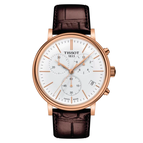 Tissot T-Classic Carson chronograph watch with white dial and rose gold case