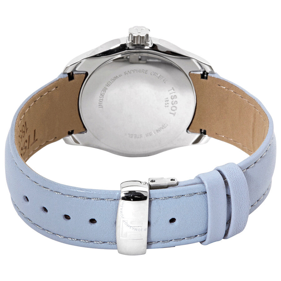 Tissot T-Classic Couturier caseback showing engraved case and light blue leather strap with clasp