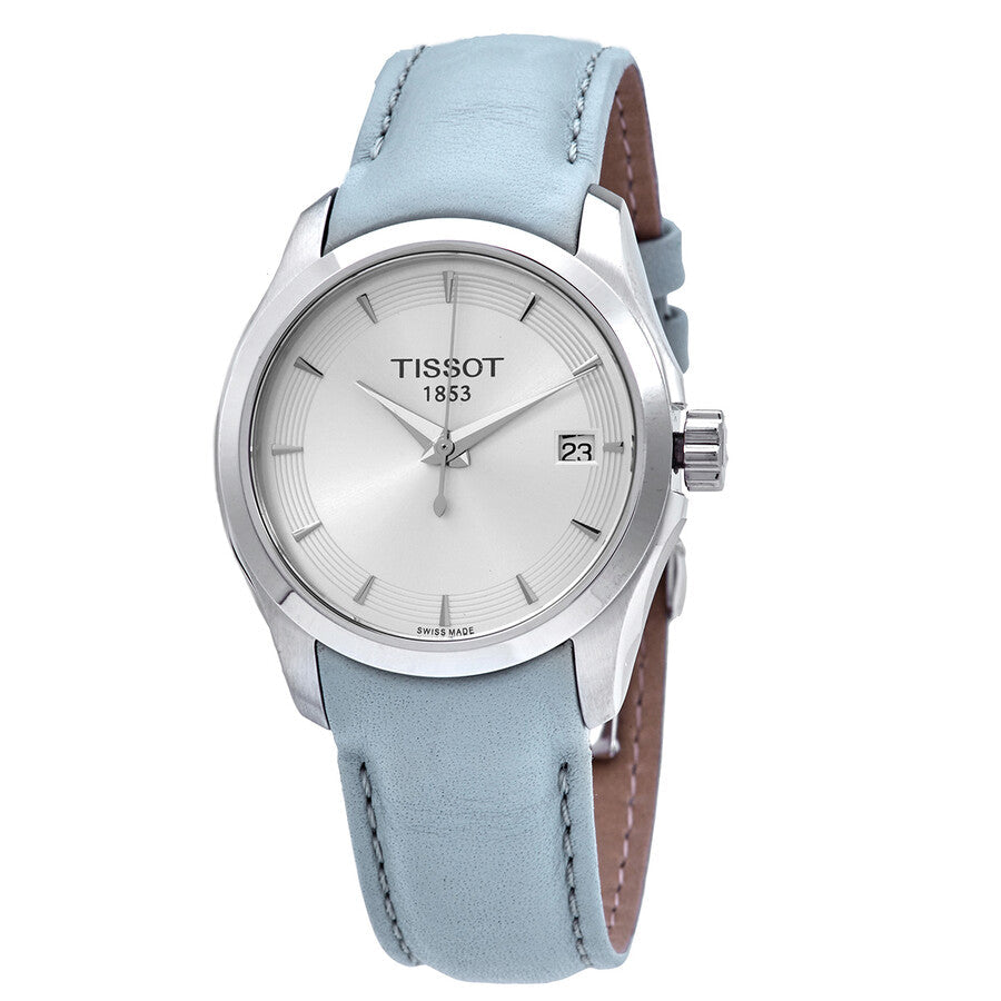Tissot T-Classic Couturier ladies watch with silver dial, stainless steel case, and light blue leather strap