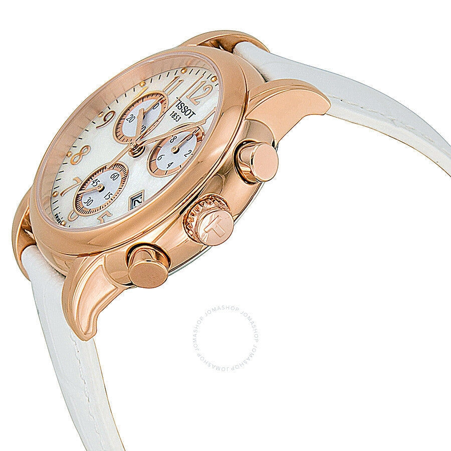 Angled side view of Tissot Dressport chronograph with white leather strap and rose gold chronograph pushers
