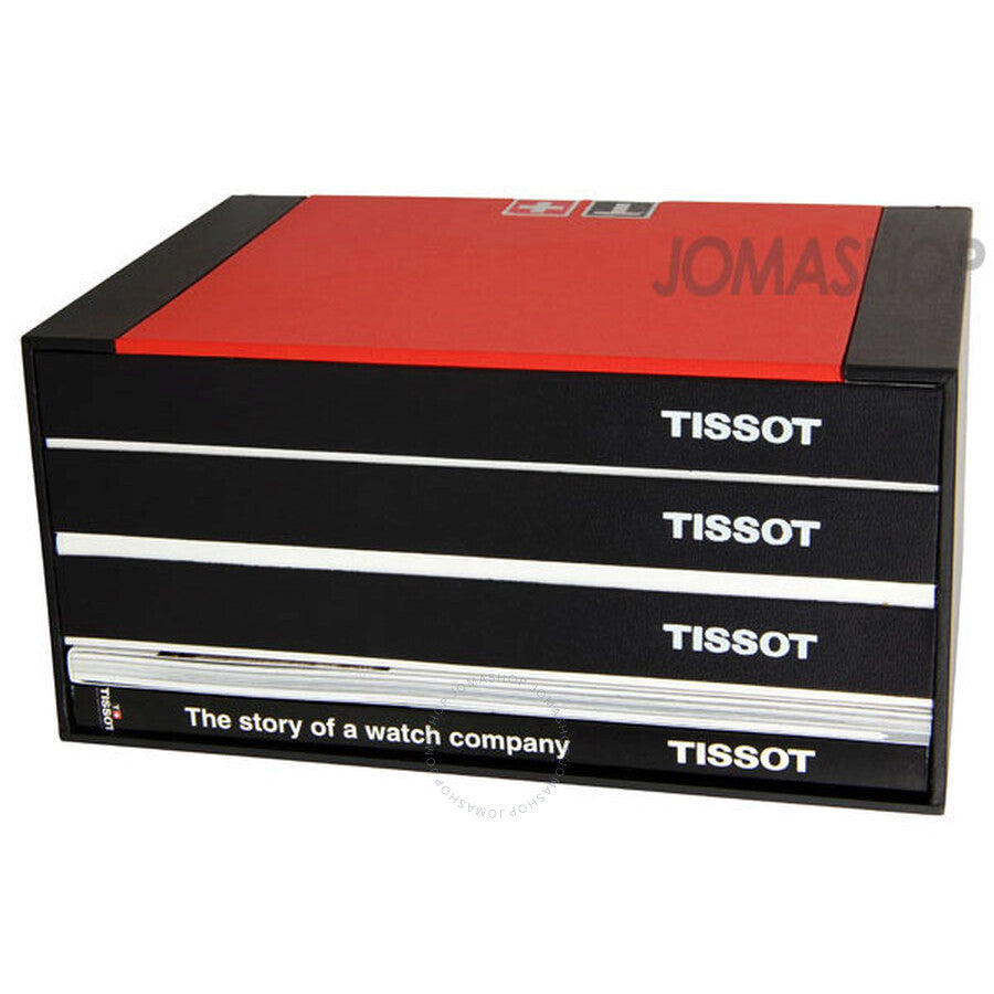 Tissot luxury watch box set with multiple stacking drawers and The story of a watch company text