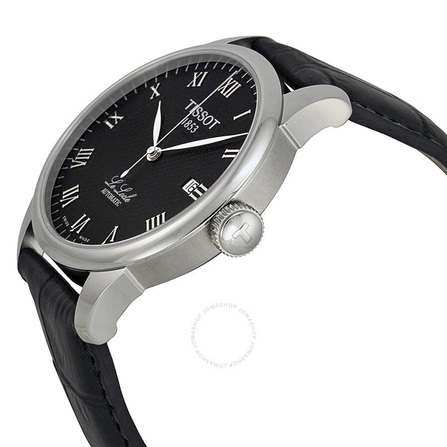 Side angle view of Tissot T-Classic Le Locle with silver case and black leather strap