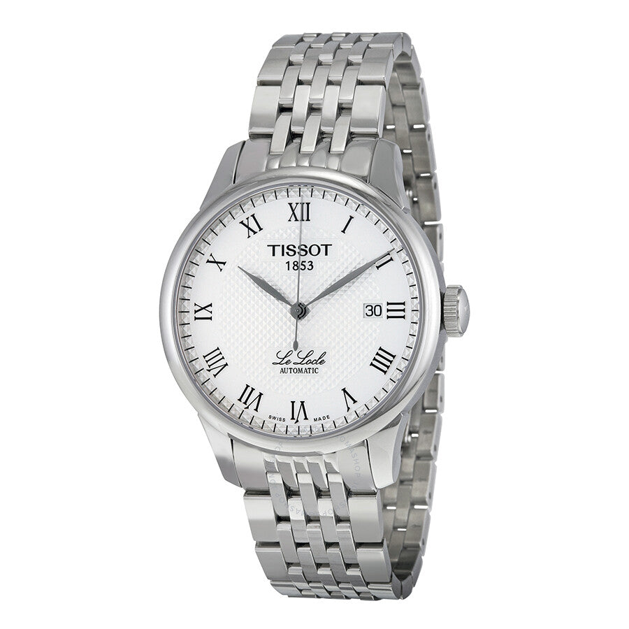 Tissot T-Classic Le Locle men's watch with white dial and Roman numerals, stainless steel bracelet