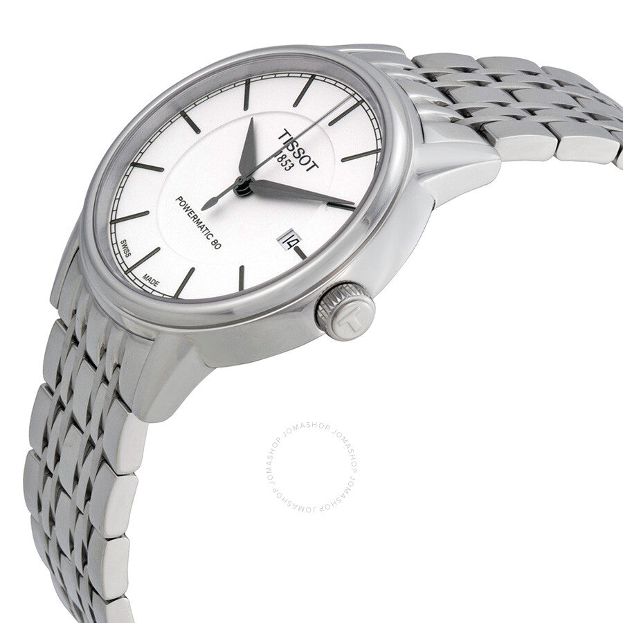 Tissot T Classic Powermatic watch displayed at angle with white dial and Powermatic 80 movement text visible