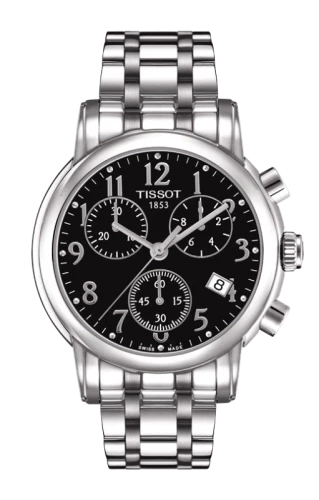 Tissot T Classic chronograph watch with black dial and stainless steel bracelet, front view