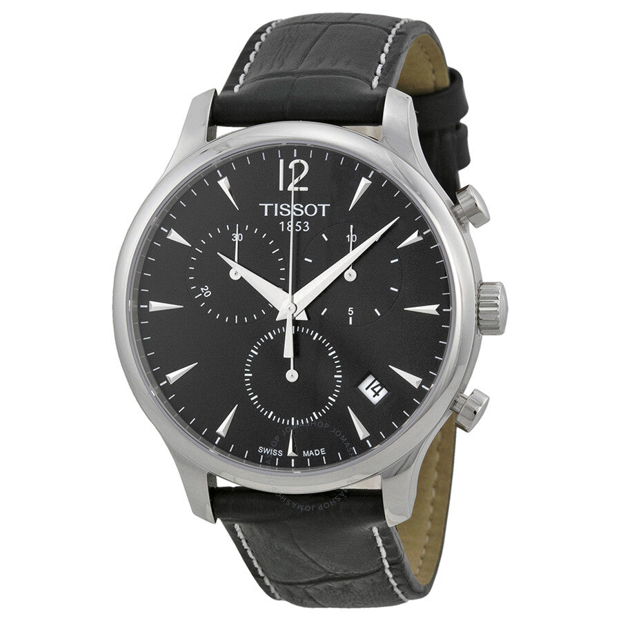 Tissot T Classic Tradition chronograph with black dial, steel case, and black leather strap