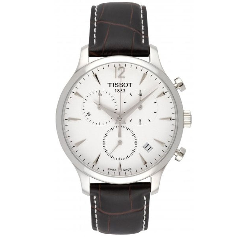 Tissot T Classic Tradition chronograph watch with white dial and black leather strap
